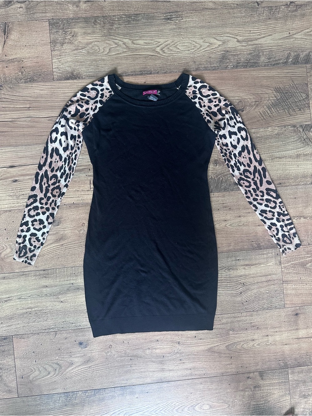 Say What? Black Bodycon Dress with Leopard Print Sleeves